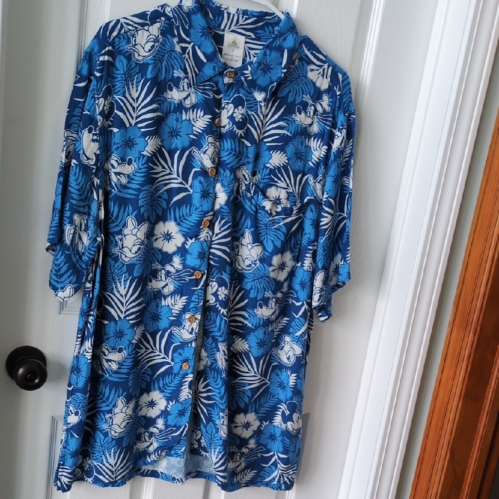 Blue and White Casual Button Down Shirt with Tropical Floral Design